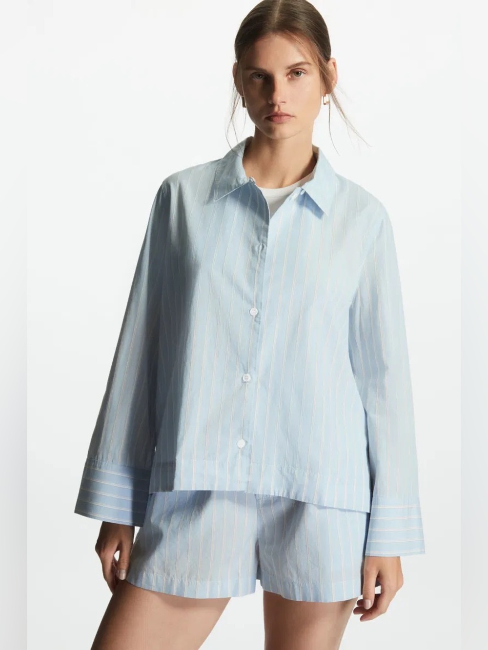 COS Boxy Cropped Striped Shirt Light Blue Pinstripe Button-Up Small Oversized